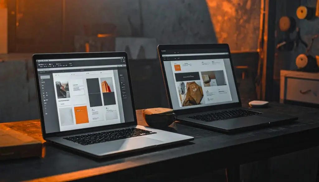 Zwei aufgeklappte Laptops nebeneinander auf einem dunklen Tisch, beide zeigen dieselbe Shop-Ansicht in unterschiedlicher Gestaltung
