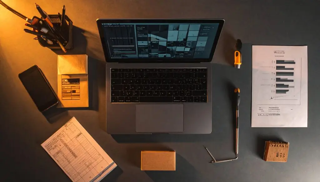 Laptop in der Mitte eines Schreibtischs, ringsum sechs Arbeitsgegenstände als Einsatzbereiche von KI im Betrieb