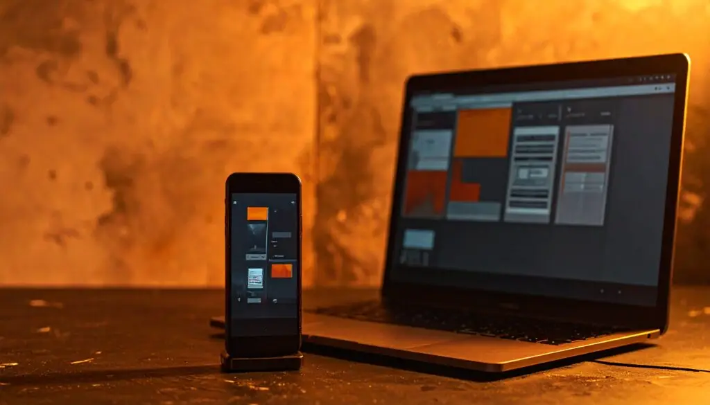 Smartphone mit einspaltiger Ansicht im Vordergrund, dahinter dieselbe Website mehrspaltig auf dem Laptop