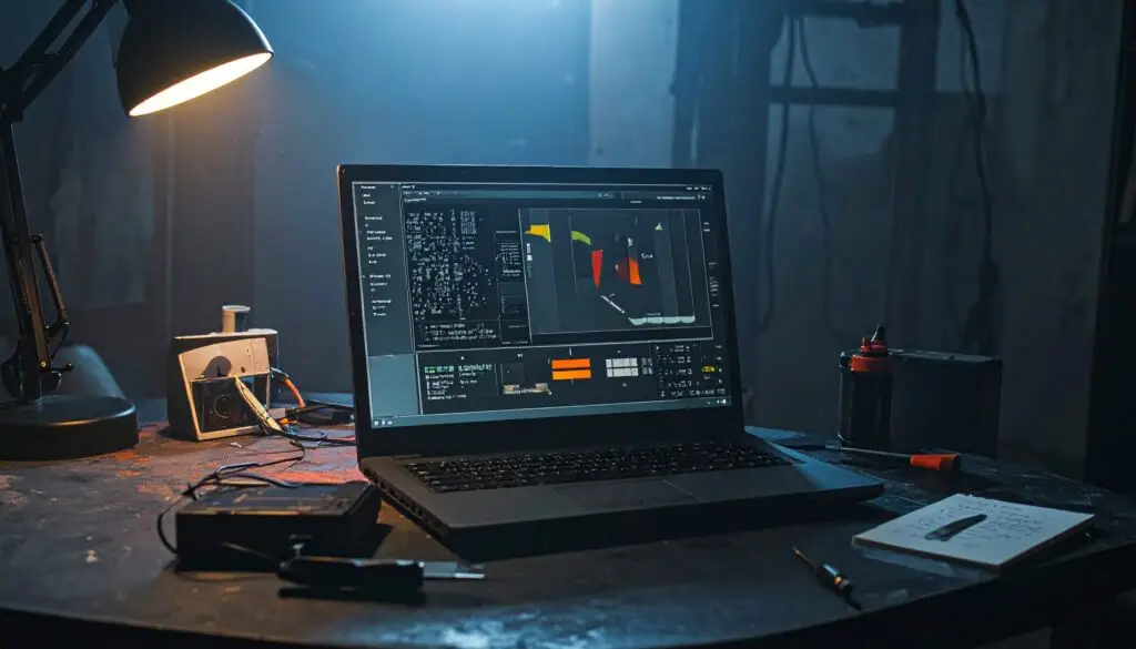 Laptop mit Statusanzeige auf einer Werkbank, daneben externe Festplatte und Wartungsheft