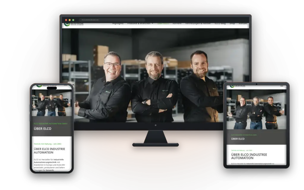 Über-uns-Seite von ELCO Industrie Automation auf Desktop, Tablet und Smartphone