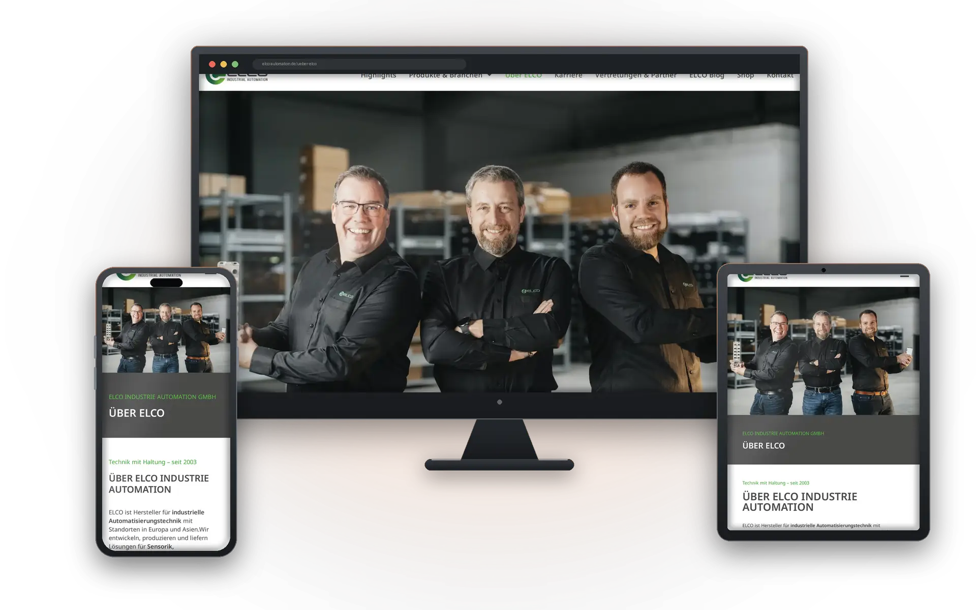 Über-uns-Seite von ELCO Industrie Automation auf Desktop, Tablet und Smartphone
