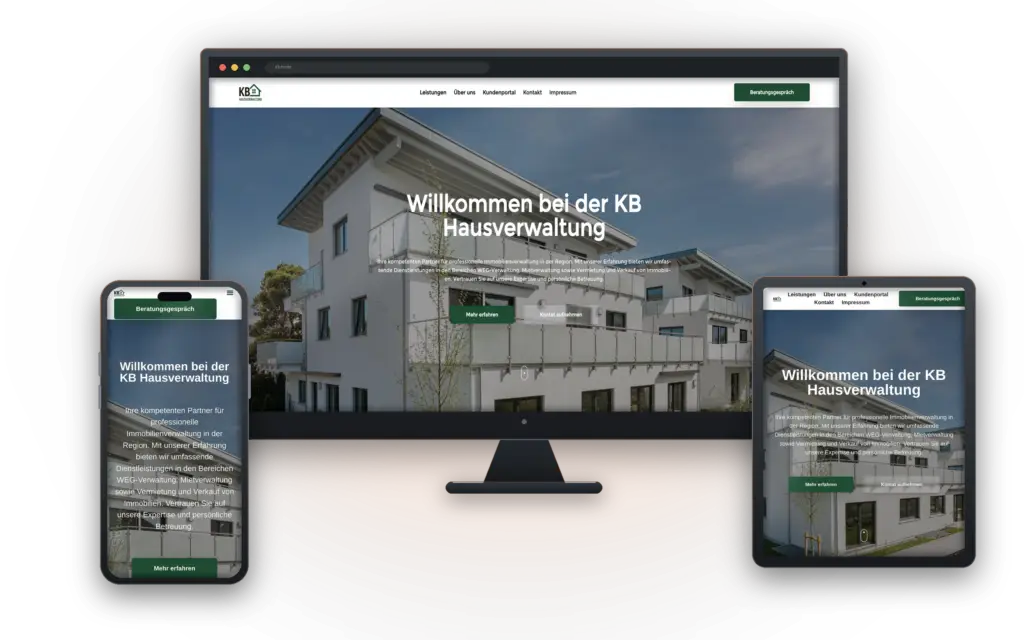 Website der KB Hausverwaltung auf Desktop, Tablet und Smartphone