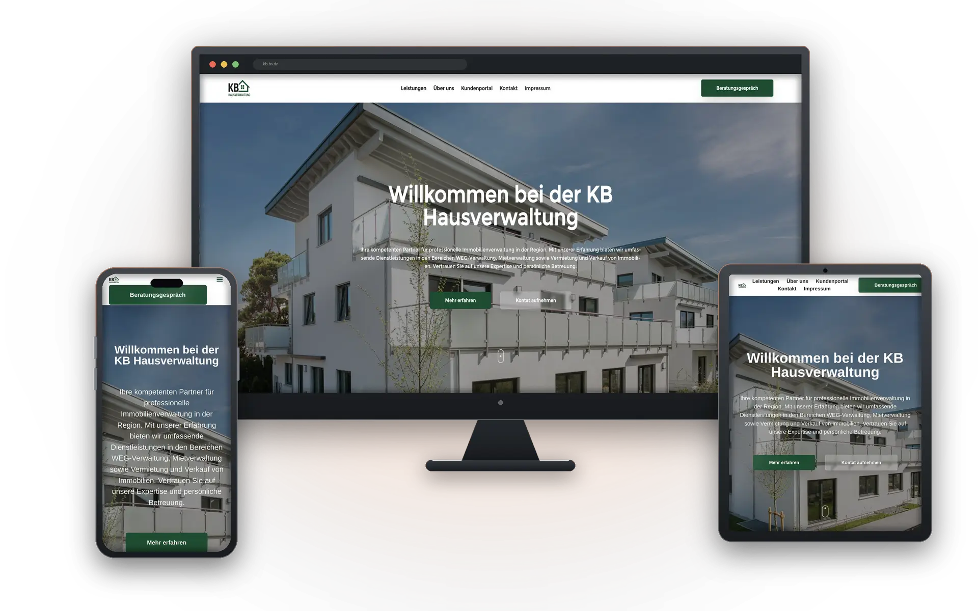 Website der KB Hausverwaltung auf Desktop, Tablet und Smartphone