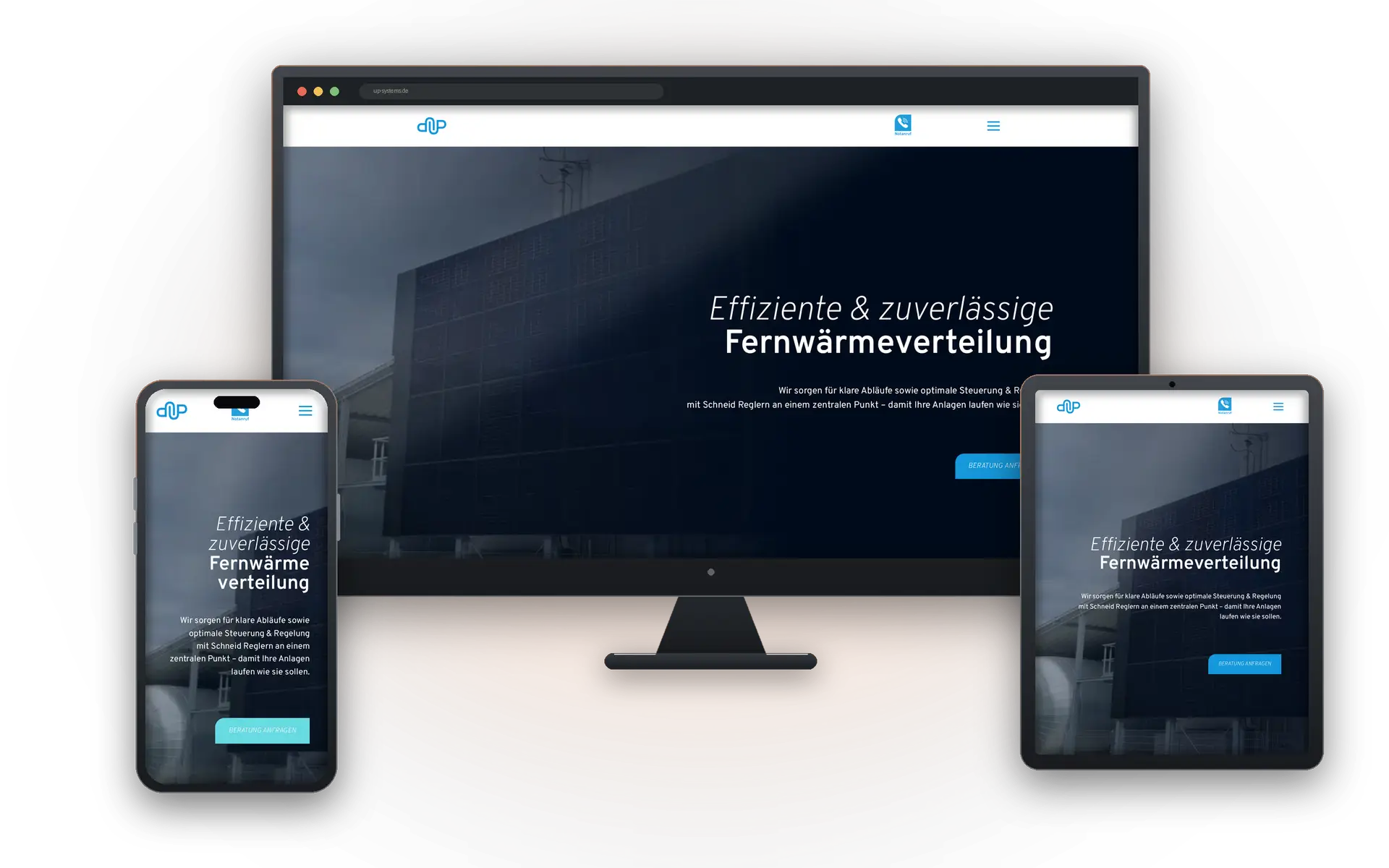 Website von UP-Systems auf Desktop, Tablet und Smartphone