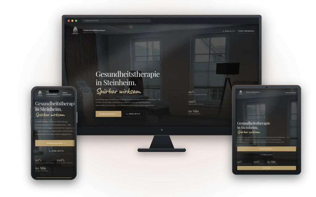 Landingpage der Vitalpraxis Mühlenscheuer auf Desktop, Tablet und Smartphone