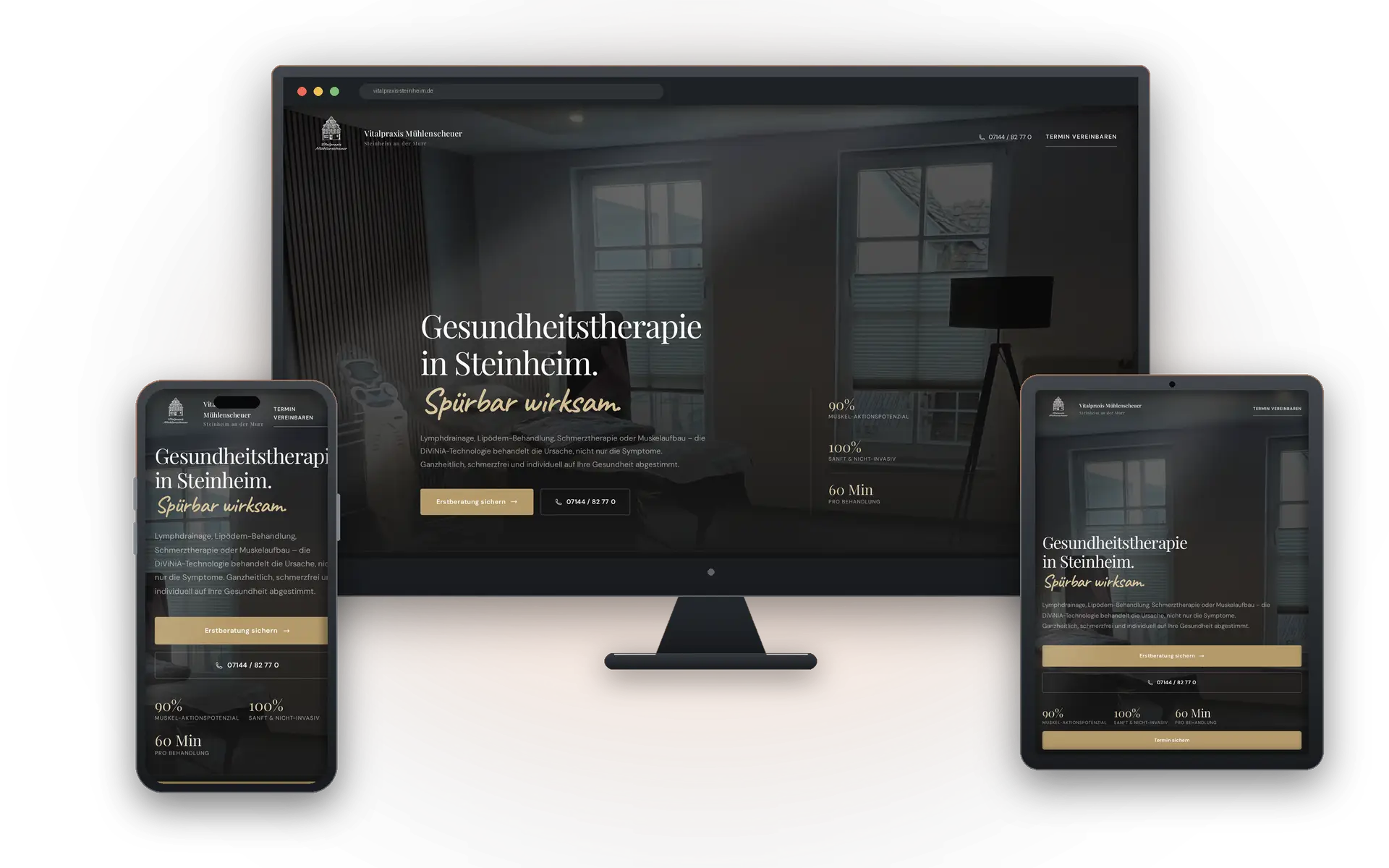 Landingpage der Vitalpraxis Mühlenscheuer auf Desktop, Tablet und Smartphone