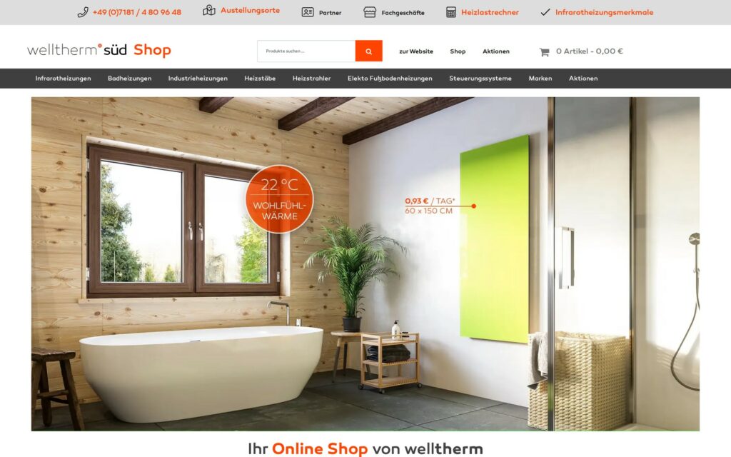 Webshop für Welltherm Süd, Anbieter von Infrarotheizungen
