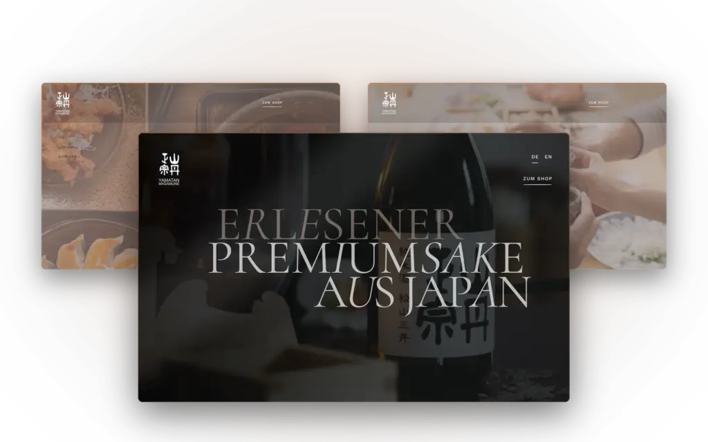 Webdesign für den Sake-Onlineshop Yamatan Masamune, drei Ansichten des Entwurfs