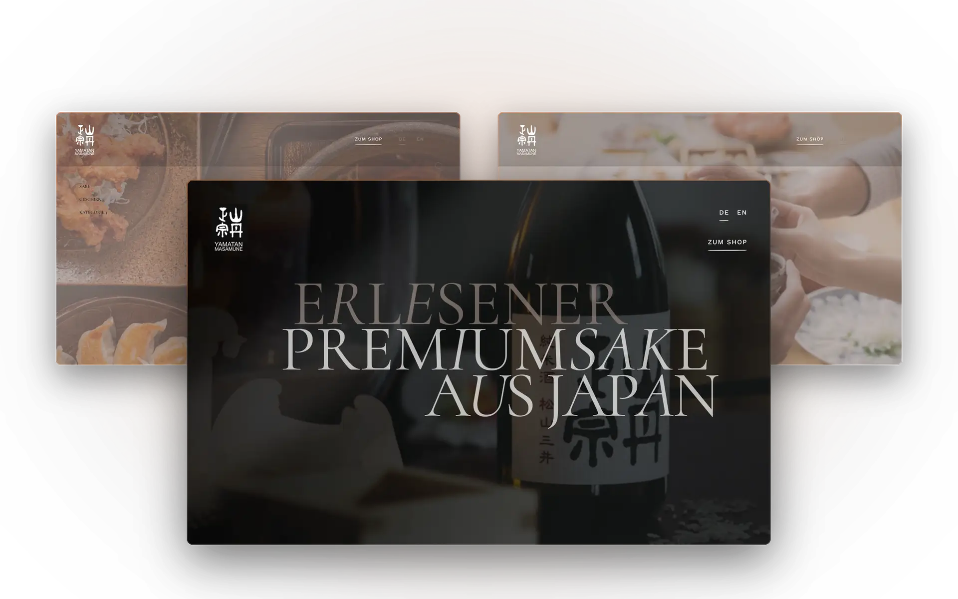 Webdesign für den Sake-Onlineshop Yamatan Masamune, drei Ansichten des Entwurfs